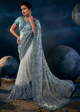 Load image into Gallery viewer, Light Grey Digital Net Saree with Thread,Sequence, Zarkan, Moti &amp; All Over Flower Applique work