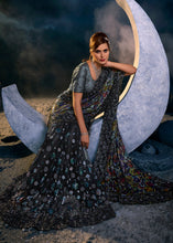 Load image into Gallery viewer, Ash Black Digital Net Saree with Thread,Sequence, Zari, Moti &amp; All Over Flower Applique work &amp; Imported Fabric Sequence Pallu