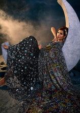 Load image into Gallery viewer, Ash Black Digital Net Saree with Thread,Sequence, Zari, Moti &amp; All Over Flower Applique work &amp; Imported Fabric Sequence Pallu
