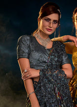 Load image into Gallery viewer, Ash Black Digital Net Saree with Thread,Sequence, Zari, Moti &amp; All Over Flower Applique work &amp; Imported Fabric Sequence Pallu