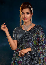 Load image into Gallery viewer, Ash Black Digital Net Saree with Thread,Sequence, Zari, Moti &amp; All Over Flower Applique work &amp; Imported Fabric Sequence Pallu