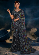 Load image into Gallery viewer, Ash Black Digital Net Saree with Thread,Sequence, Zari, Moti &amp; All Over Flower Applique work &amp; Imported Fabric Sequence Pallu