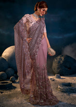 Load image into Gallery viewer, Lilac Purple Digital Net Saree with Thread,Sequence, Zarkan, Moti &amp; All Over Flower Applique work &amp; Imported Fabric Sequence Pallu