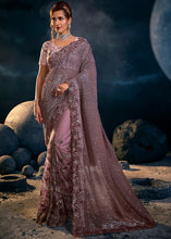Load image into Gallery viewer, Lilac Purple Digital Net Saree with Thread,Sequence, Zarkan, Moti &amp; All Over Flower Applique work &amp; Imported Fabric Sequence Pallu