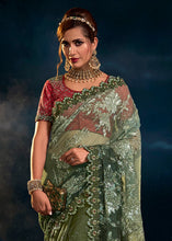 Load image into Gallery viewer, Lilac Purple Digital Net Saree with Thread,Sequence, Zarkan, Moti &amp; All Over Flower Applique work &amp; Imported Fabric Sequence Pallu