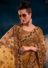 Load image into Gallery viewer, Copper Brown Digital Net Saree with Thread,Sequence, Zarkan, Moti &amp; All Over Flower Applique work