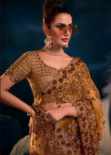 Load image into Gallery viewer, Copper Brown Digital Net Saree with Thread,Sequence, Zarkan, Moti &amp; All Over Flower Applique work