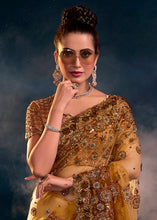 Load image into Gallery viewer, Copper Brown Digital Net Saree with Thread,Sequence, Zarkan, Moti &amp; All Over Flower Applique work