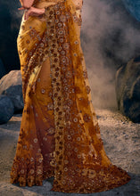 Load image into Gallery viewer, Copper Brown Digital Net Saree with Thread,Sequence, Zarkan, Moti &amp; All Over Flower Applique work