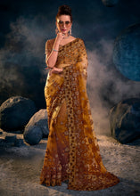Load image into Gallery viewer, Copper Brown Digital Net Saree with Thread,Sequence, Zarkan, Moti &amp; All Over Flower Applique work