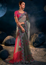 Load image into Gallery viewer, Shades Of Grey Designer Net Saree with Thread,Sequence, Zari, Moti &amp; All Over Flower Applique work &amp; Imported Fabric Sequence Pallu