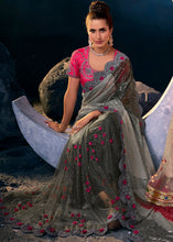 Load image into Gallery viewer, Shades Of Grey Designer Net Saree with Thread,Sequence, Zari, Moti &amp; All Over Flower Applique work &amp; Imported Fabric Sequence Pallu