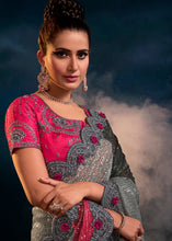 Load image into Gallery viewer, Shades Of Grey Designer Net Saree with Thread,Sequence, Zari, Moti &amp; All Over Flower Applique work &amp; Imported Fabric Sequence Pallu