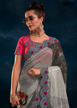 Load image into Gallery viewer, Shades Of Grey Designer Net Saree with Thread,Sequence, Zari, Moti &amp; All Over Flower Applique work &amp; Imported Fabric Sequence Pallu