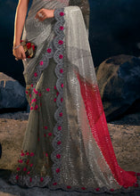 Load image into Gallery viewer, Shades Of Grey Designer Net Saree with Thread,Sequence, Zari, Moti &amp; All Over Flower Applique work &amp; Imported Fabric Sequence Pallu