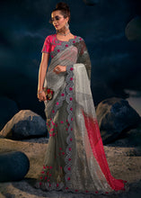 Load image into Gallery viewer, Shades Of Grey Designer Net Saree with Thread,Sequence, Zari, Moti &amp; All Over Flower Applique work &amp; Imported Fabric Sequence Pallu