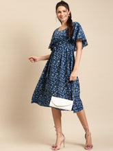 Load image into Gallery viewer, Cape sleeve printed midi dress with waist tie up