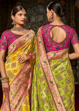 Load image into Gallery viewer, Cadmium Yellow Woven Patola Printed Dola Silk Saree with Heavy Embroidered Blouse