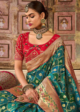 Load image into Gallery viewer, Blue &amp; Green Woven Patola Printed Dola Silk Saree with Heavy Embroidered Blouse