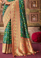 Load image into Gallery viewer, Blue &amp; Green Woven Patola Printed Dola Silk Saree with Heavy Embroidered Blouse