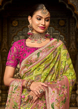 Load image into Gallery viewer, Chartreuse Green Woven Patola Printed Dola Silk Saree with Heavy Embroidered Blouse