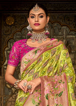 Load image into Gallery viewer, Chartreuse Green Woven Patola Printed Dola Silk Saree with Heavy Embroidered Blouse