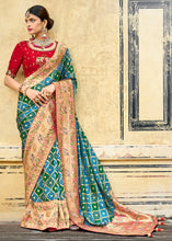 Load image into Gallery viewer, Blue &amp; Green Woven Patola Printed Dola Silk Saree with Heavy Embroidered Blouse