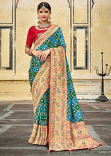 Load image into Gallery viewer, Blue &amp; Green Woven Patola Printed Dola Silk Saree with Heavy Embroidered Blouse