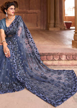 Load image into Gallery viewer, Shades Of Grey Digital Net Saree with Thread,Sequins, Zarkan &amp; Flower Applic work
