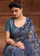 Load image into Gallery viewer, Shades Of Grey Digital Net Saree with Thread,Sequins, Zarkan &amp; Flower Applic work