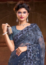 Load image into Gallery viewer, Shades Of Grey Digital Net Saree with Thread,Sequins, Zarkan &amp; Flower Applic work