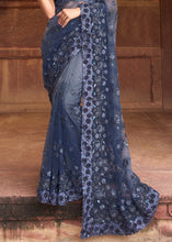 Load image into Gallery viewer, Shades Of Grey Digital Net Saree with Thread,Sequins, Zarkan &amp; Flower Applic work