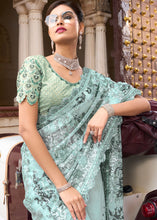 Load image into Gallery viewer, Light Sea Green Digital Net Saree with Sequins Pallu, Mirror &amp; Foil work