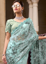 Load image into Gallery viewer, Light Sea Green Digital Net Saree with Sequins Pallu, Mirror &amp; Foil work