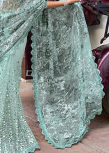 Load image into Gallery viewer, Light Sea Green Digital Net Saree with Sequins Pallu, Mirror &amp; Foil work