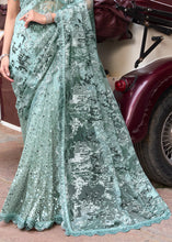 Load image into Gallery viewer, Light Sea Green Digital Net Saree with Sequins Pallu, Mirror &amp; Foil work
