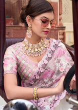 Load image into Gallery viewer, Cream White Digital Net Saree with Sequins &amp; Flower Applic work