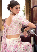 Load image into Gallery viewer, Cream White Digital Net Saree with Sequins &amp; Flower Applic work