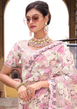 Load image into Gallery viewer, Cream White Digital Net Saree with Sequins &amp; Flower Applic work