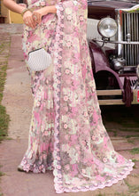 Load image into Gallery viewer, Cream White Digital Net Saree with Sequins &amp; Flower Applic work