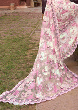 Load image into Gallery viewer, Cream White Digital Net Saree with Sequins &amp; Flower Applic work