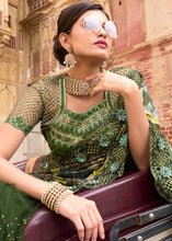 Load image into Gallery viewer, Mehendi Green Digital Net Saree with Crystal,Thread,Zarkan,Mirror &amp; Sequence work