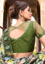 Load image into Gallery viewer, Mehendi Green Digital Net Saree with Crystal,Thread,Zarkan,Mirror &amp; Sequence work