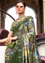 Load image into Gallery viewer, Mehendi Green Digital Net Saree with Crystal,Thread,Zarkan,Mirror &amp; Sequence work