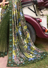 Load image into Gallery viewer, Mehendi Green Digital Net Saree with Crystal,Thread,Zarkan,Mirror &amp; Sequence work