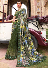 Load image into Gallery viewer, Mehendi Green Digital Net Saree with Crystal,Thread,Zarkan,Mirror &amp; Sequence work