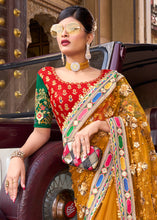 Load image into Gallery viewer, Mustard Yellow Digital Net Saree with Sequins,Thread,Mirror &amp; Flower Applic work