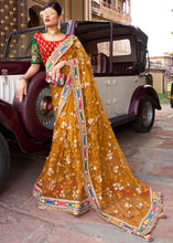 Load image into Gallery viewer, Mustard Yellow Digital Net Saree with Sequins,Thread,Mirror &amp; Flower Applic work