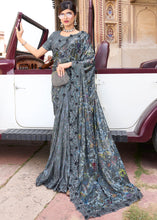 Load image into Gallery viewer, Anchor Grey Digital Net Saree with Sequins,Moti &amp; Flower Applic work