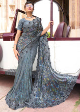 Load image into Gallery viewer, Anchor Grey Digital Net Saree with Sequins,Moti &amp; Flower Applic work